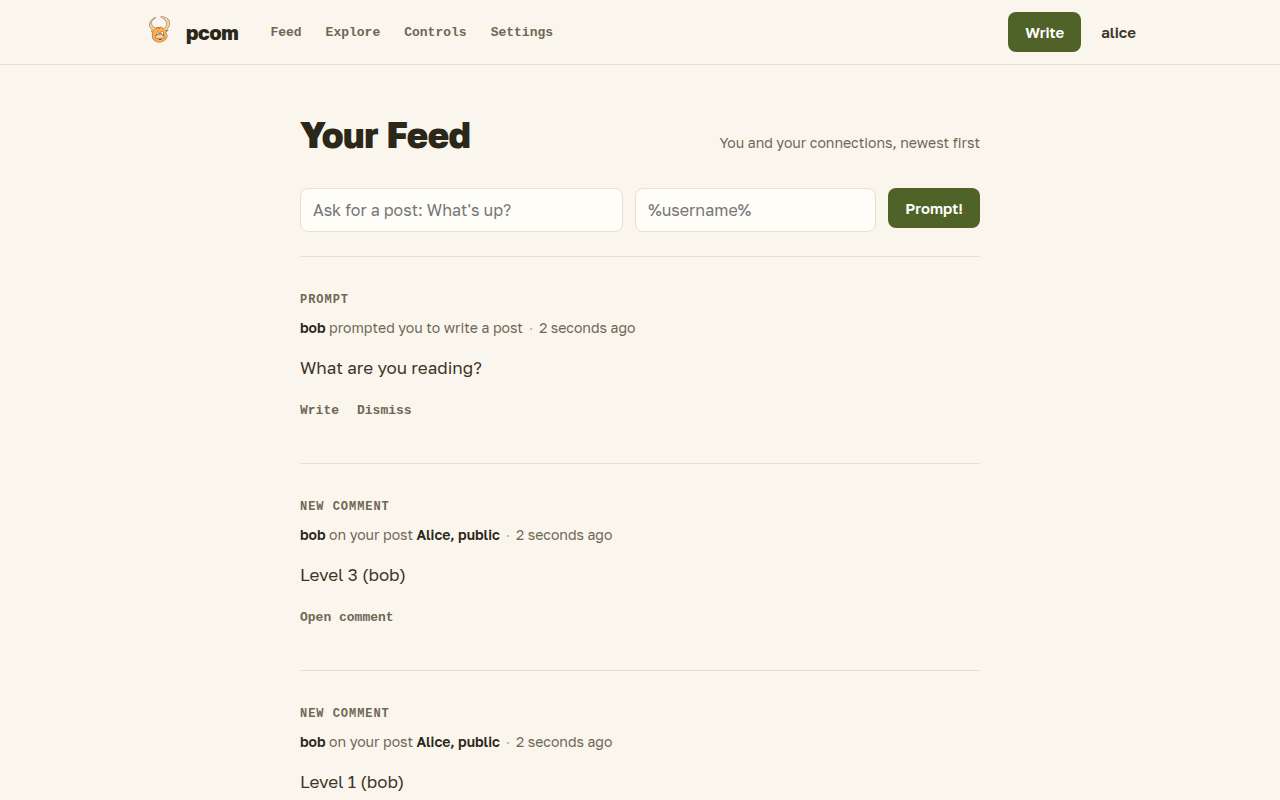 The feed: prompts, posts from connections and comments in one list.