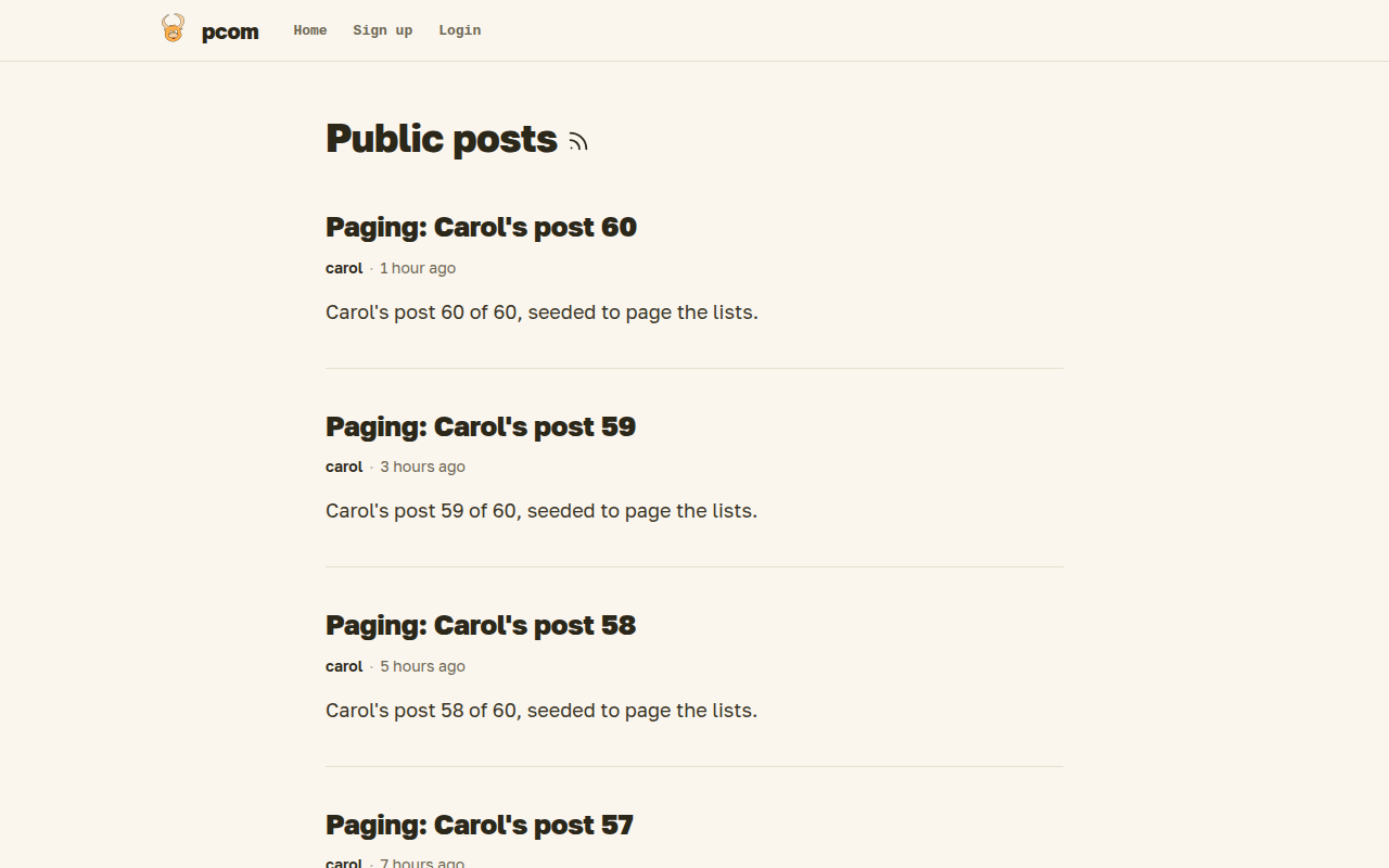 The public index: posts anyone may read, with an RSS link next to the title.